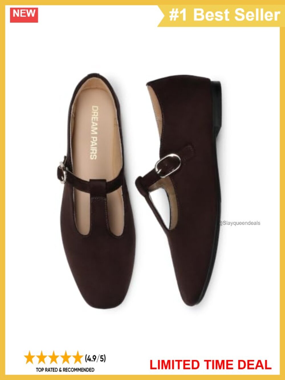 T-Strap Mary Jane Flats Square Toe Faux Suede Comfort